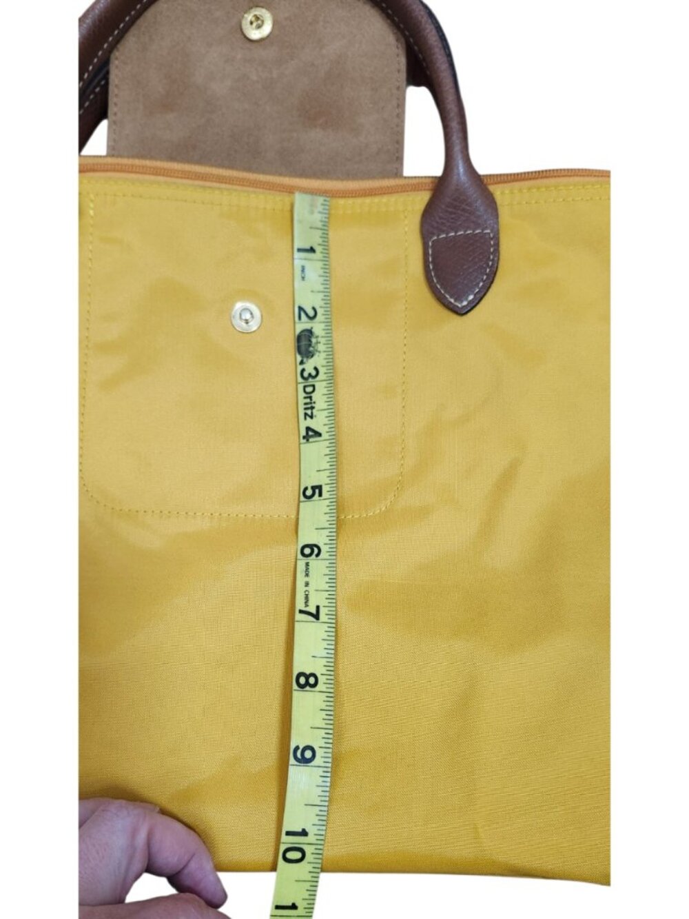 Longchamp Le Pliage Medium Tote Yellow Nylon Leather Handle Foldable Bag Authent - Picture 12 of 14